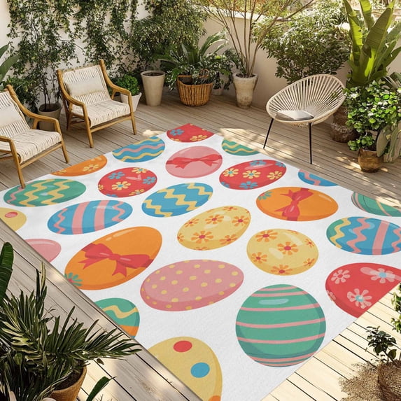 Easter Eggs Outdoor Rug for Patio/Deck/Porch, Non-Slip Large Area Rug 3 x 5 Ft, Spring Colorful Striped Dots Bow Egg Watercolor Indoor Outdoor Rugs Washable Area Rugs, Camping Rug Carpet Runner