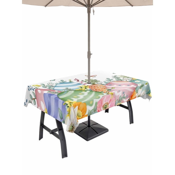 Easter Eggs Outdoor Tablecloth - 52x70 Inch Rectangle Dining Table Cover, Spring Botanical Eucalyptus Floral Butterfly Waterproof Outdoor Table Cloth with Umbrella Hole & Zipper for Picnic/Patio
