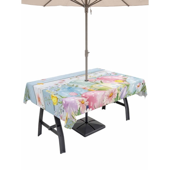 Easter Eggs Outdoor Tablecloth - 52x70 Inch Rectangle Dining Table Cover, Spring Daisy Eucalyptus Leaves Light Blue Wood Waterproof Outdoor Table Cloth with Umbrella Hole & Zipper for Picnic/Patio