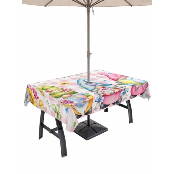 Easter Eggs Outdoor Tablecloth - 52x70 Inch Rectangle Dining Table Cover, Spring Floral Gnomes Plants Butterflies Pink Plaid Waterproof Outdoor Table Cloth with Umbrella Hole & Zipper for Patio
