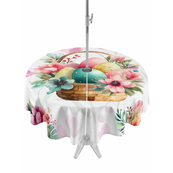 Easter Eggs Outdoor Tablecloth - 54 Inch Round Dining Table Cover, Pink Flowers Basket Leaves Rustic Botanical Waterproof Outdoor Table Cloth with Umbrella Hole & Zipper for Picnic/Patio/Party