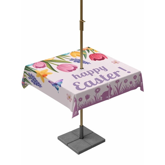 Easter Eggs Outdoor Tablecloth - 54x54 Inch Square Dining Table Cover, Purple Tulip Flower Spring Bunny Butterfly Floral Waterproof Outdoor Table Cloth with Umbrella Hole & Zipper for Picnic/Patio