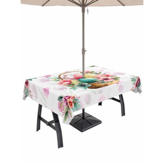 Easter Eggs Outdoor Tablecloth - 54x80 Inch Rectangle Dining Table Cover, Pink Flowers Basket Leaves Rustic Botanical Waterproof Outdoor Table Cloth with Umbrella Hole & Zipper for Picnic/Patio/Party