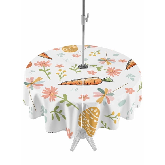 Easter Eggs Outdoor Tablecloth - 60 Inch Round Dining Table Cover, Carrots Spring Daisy Flower Botanical Rustic Waterproof Outdoor Table Cloth with Umbrella Hole & Zipper for Picnic/Patio/Party