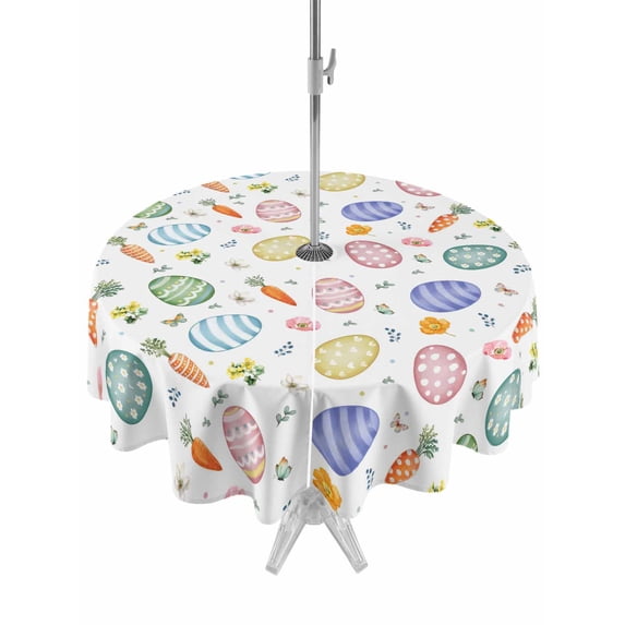 Easter Eggs Outdoor Tablecloth - 60 Inch Round Dining Table Cover, Spring Carrots Botanical Flowers Butterfly Waterproof Outdoor Table Cloth with Umbrella Hole & Zipper for Picnic/Patio/Party
