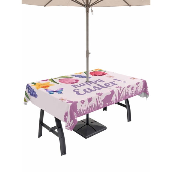 Easter Eggs Outdoor Tablecloth - 60x102 Inch Rectangle Dining Table Cover, Purple Tulip Flower Spring Bunny Butterfly Floral Waterproof Outdoor Table Cloth with Umbrella Hole & Zipper for Patio