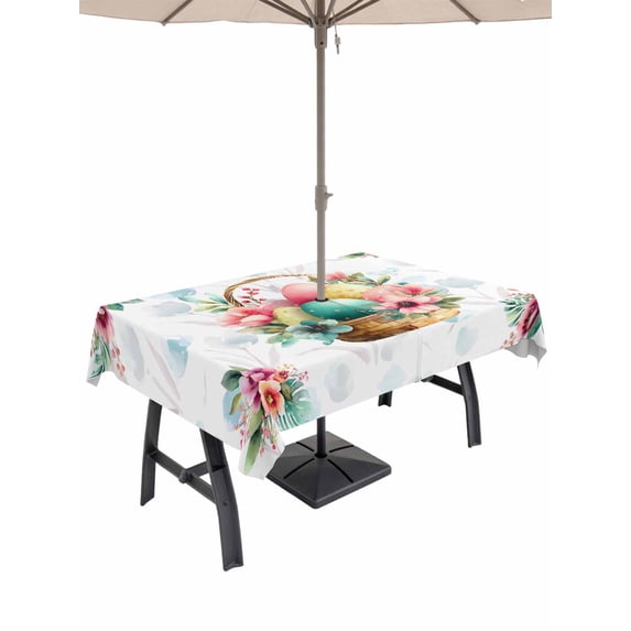 Easter Eggs Outdoor Tablecloth - 60x120 Inch Rectangle Dining Table Cover, Blue Floral Basket Leaves Rustic Botanical Waterproof Outdoor Table Cloth with Umbrella Hole & Zipper for Picnic/Patio/Party