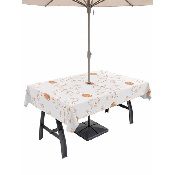Easter Eggs Outdoor Tablecloth - 60x120 Inch Rectangle Dining Table Cover, Cute Bunny Rabbits Cartoon Orange Waterproof Outdoor Table Cloth with Umbrella Hole & Zipper for Picnic/Patio/Party