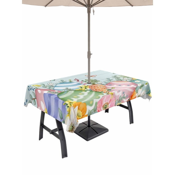 Easter Eggs Outdoor Tablecloth - 60x120 Inch Rectangle Dining Table Cover, Spring Botanical Flowers Eucalyptus Leaf Wood Waterproof Outdoor Table Cloth with Umbrella Hole & Zipper for Picnic/Patio