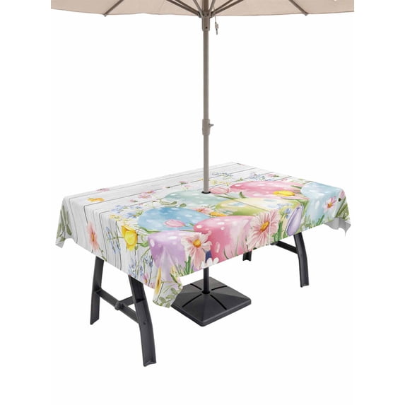 Easter Eggs Outdoor Tablecloth - 60x120 Inch Rectangle Dining Table Cover, Spring Daisy Eucalyptus Leaves Gray Wooden Waterproof Outdoor Table Cloth with Umbrella Hole & Zipper for Picnic/Patio/Party