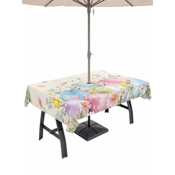 Easter Eggs Outdoor Tablecloth - 60x84 Inch Rectangle Dining Table Cover, Spring Daisy Eucalyptus Leaves Vintage Waterproof Outdoor Table Cloth with Umbrella Hole & Zipper for Picnic/Patio/Party