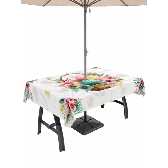 Easter Eggs Outdoor Tablecloth - 60x84 Inch Rectangle Dining Table Cover, Yellow Floral Basket Leaves Rustic Botanical Waterproof Outdoor Table Cloth with Umbrella Hole & Zipper for Picnic/Patio