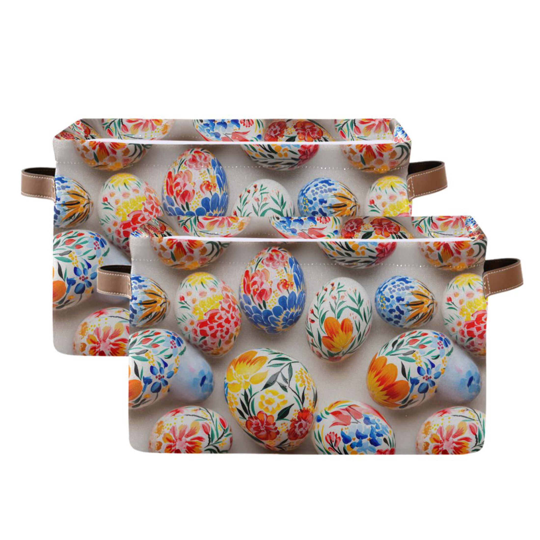 Easter Eggs Painting Flower Storage Bins with Handle Fabric Organizer Basket Foldable Box 2 Pack 14.2x10.2x8.3