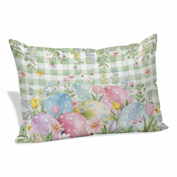 Easter Eggs Pillow Covers 16"x24", Spring Daisy Eucalyptus Leaves Sage Green Plaid Soft Brushed Microfiber Breathable Throw Pillow Covers, Decorative Pillowcase with Zipper for Couch Sofa Bedroom