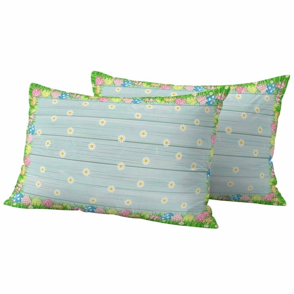 Easter Eggs Pillow Covers 2 Pack Spring White Daisy Floral Colorful Easter Eggs Grass Blue Wood Grain Pillowcase Waterproof Outdoor Throw Pillow Cover for Patio Balcony Rectangular Cushion 20”x12”