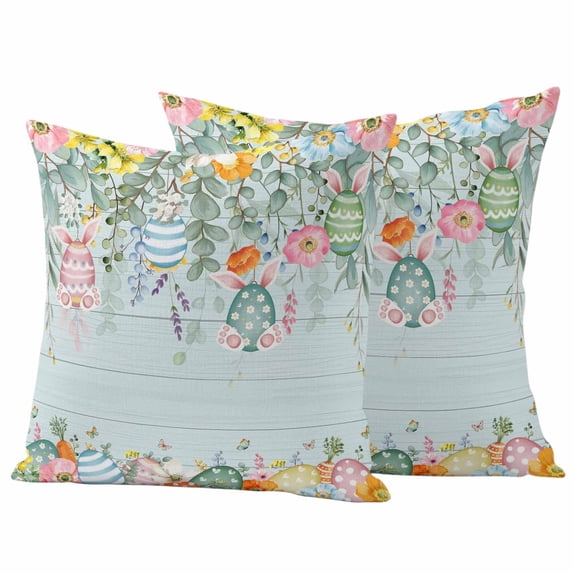 Easter Eggs Pillow Covers 2 Pack Spring Yellow Pink Floral Leaves Light Green Wood Grain Pillowcase Waterproof Outdoor Throw Pillow Cover for Patio Garden Square Cushion 16”x16”