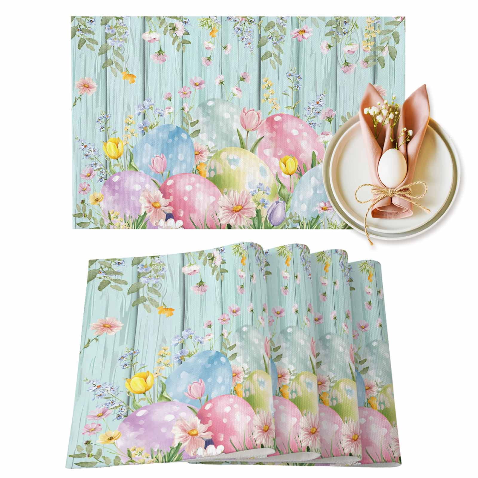 Easter Eggs Placemats Set of 1, Spring Colorful Eggs Floral Leaf Green ...