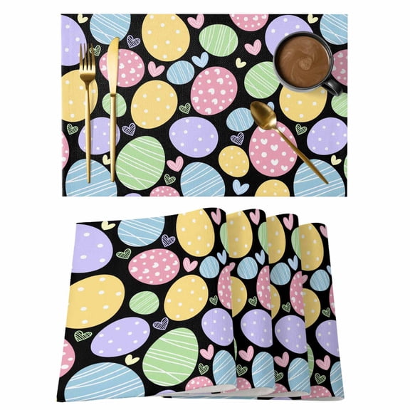 Easter Eggs Placemats Set of 12, Cute Colorful Farmhouse Love Black Placemats for Dining Table, Place Mats for Kitchen Tabletop, Waterproof Wipeable Dining Table Mats Set