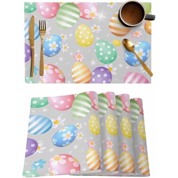 Easter Eggs Placemats Set of 6, Washable Woven Burlap Cloth Fabric Placemat for Square/Rectangle/Round/Oval Dining Table, Easy Clean Place Mats for Toddlers, Kids Spring Summer Flower Seasonal Holiday