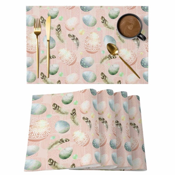 Easter Eggs Placemats Set of 8 Spring Ethnic Colorful Egg Feather Vintage Place Mats Indoor Wipeable Table Mats Washable Cloth Dining Table Placemats for Kitchen Holiday Party Home Decor 13x19 Inch