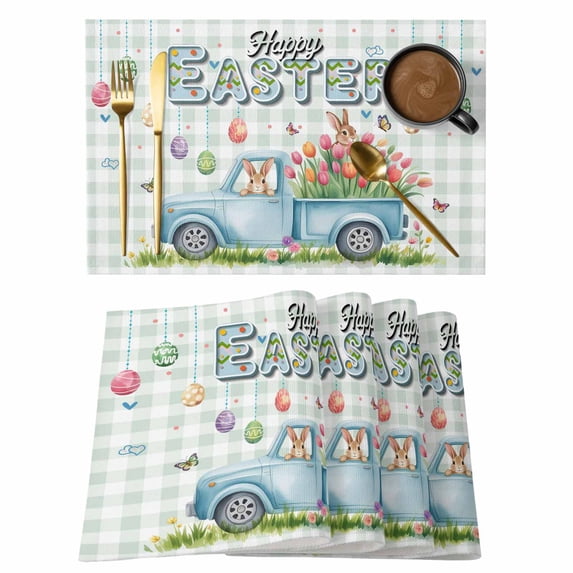 Easter Eggs Placemats Set of 8, Tulip Green Plaid Spring Bunny Butterfly Flower Placemats for Dining Table, Place Mats for Kitchen Tabletop, Waterproof Wipeable Dining Table Mats Set