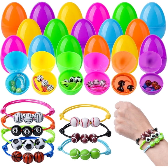 Easter Eggs Prefilled with Toys 56 Pcs Easter Basket Stuffers Including Sports Ball Bracelets for Kids Egg Hunt