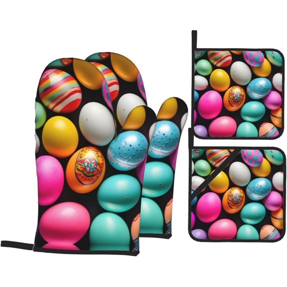 Easter Eggs Print Oven Mitts and Pot Holders 4pcs Set,Kitchen Oven Glove,for Cooking Baking BBQ