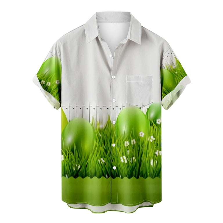 Easter Day Hawaiian Shirts for Men Easter Eggs Print Short Sleeves Shirt  Button Down Shirts Blouse With Pocket