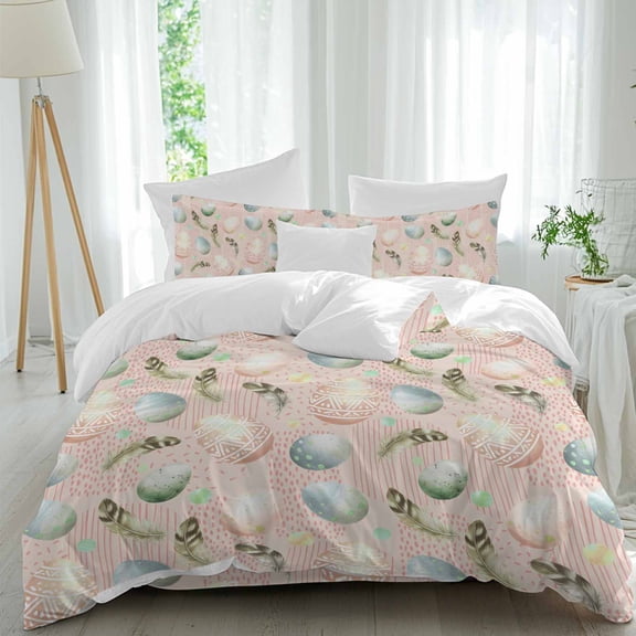 Easter Eggs Queen Size Comforter Set, Vintage Boho Pink Blue Easter Eggs Feather Pink Plaid Bedding for All Seasons, 4 Pcs Bed Set, 1Quiltcover (90"x92") ,1Sheet(94"x116"), 2Pillowcases (30"x20")