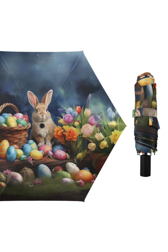 Easter Eggs Rabbit Flowers Compact Sun Umbrella Windproof Travel Umbrellas for Rain Strong Portable UV Protection