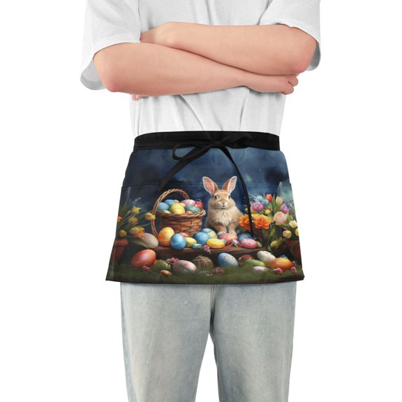 Easter Eggs Rabbit Flowers Server Apron with 3 Pockets Waterproof Waitress Waist Short Apron for Man Woman 12 Inches