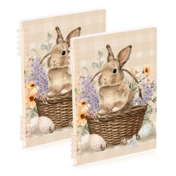 Easter Eggs Rabbit in Basket Plaid Background Notebook Detachable Coil Notebook Diary Plan Book A5 Size 60 Pages 1 Pack