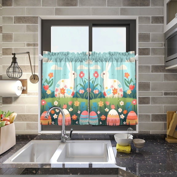 Easter Eggs Rabbits Flowers Kitchen Curtains Half Tier Curtain 2 Rod Pockets Bathroom Bedroom Cupborad Living Room 27"x24"