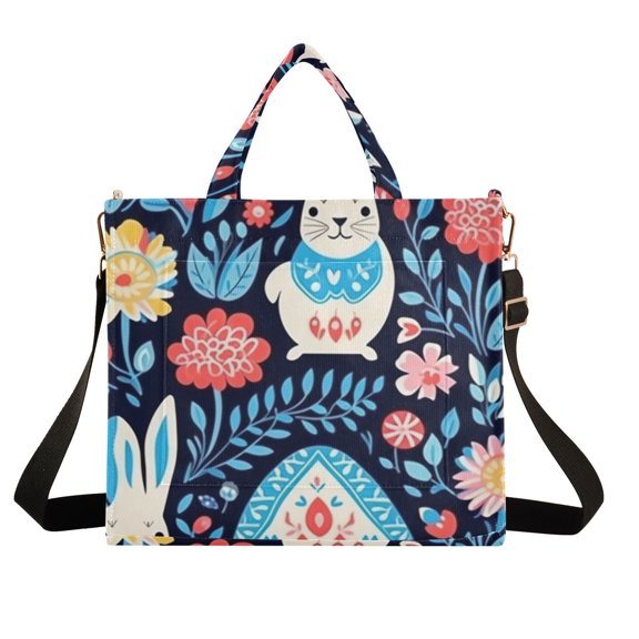 Easter Eggs Rabbits Flowers Leaves Corduroy Tote Bag Handbag Large Messenger Bag Shoulder Crossbody Zipper Bag Purse