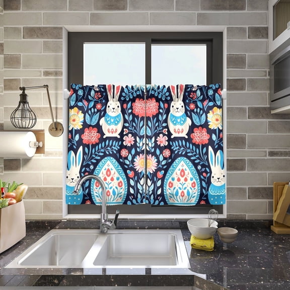 Easter Eggs Rabbits Flowers Leaves Kitchen Curtains Half Tier Curtain 2 Rod Pockets Bathroom Bedroom Cupborad Living Room 27"x24"