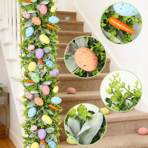 Easter Eggs Rattan Garland, With Artificial Green Leaves & Fade-Resistant Eggs, Rustic Spring Easter Decor For Dining Table Centerpieces, Doorways, Stair Railings, Fireplace