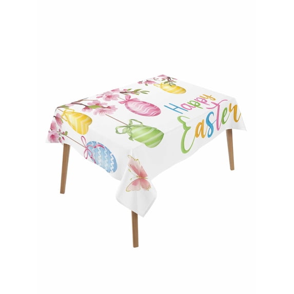 Easter Eggs Rectangle Tablecloth, Butterfly Flowers Spring Watercolor Branch Floral Waterproof & StainResistant Tablecloth, Washable Oil-proof Table Cover for Dining/Party/Wedding/Buffet 60x102 In