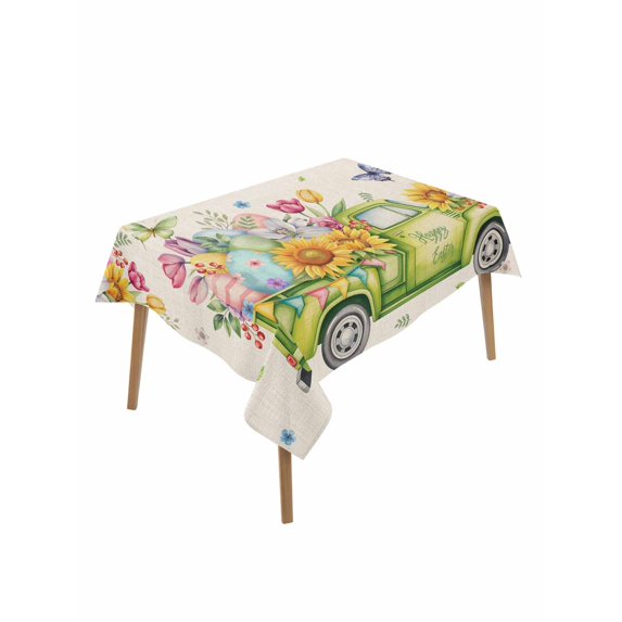 Easter Eggs Rectangle Tablecloth, Spring Flowers Truck Leaves Butterflies Beige Waterproof & StainResistant Tablecloth, Washable Oil-proof Table Cover for Dining/Party/Wedding/Buffet 60x102 In