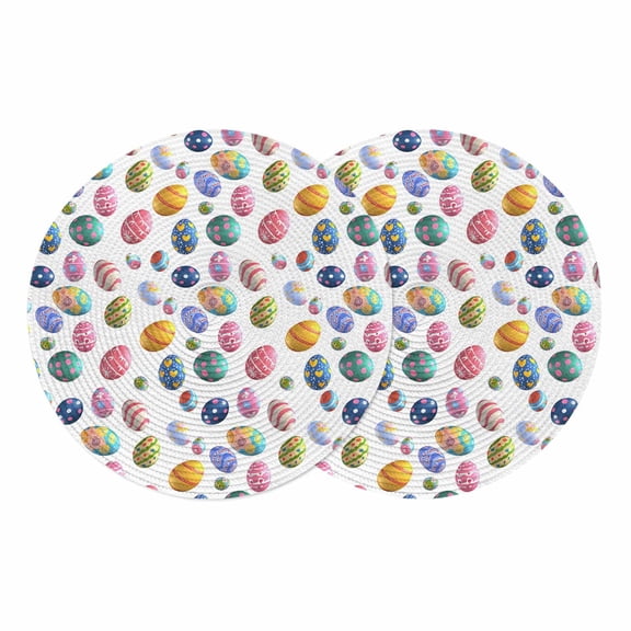 Easter Eggs Round 13 Inch Placemats Set of 2, Colorful Egg Love Heart Polka Dots HeatResistant Non Slip Place Mats for Dining Table, Wipeable Braided Kitchen Table Mats for Housewarming