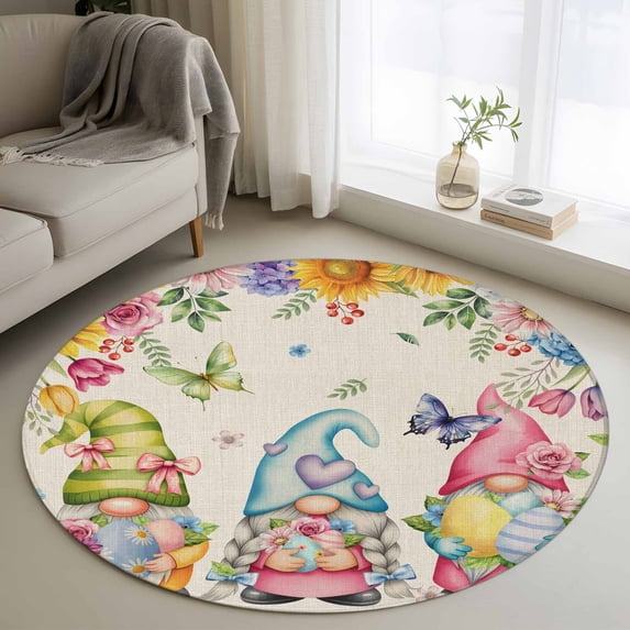 Easter Eggs Round Area Rug 3Ft Washable Small Circle Rugs for Kitchen Entryway, Cute Gnomes Flowers Butterflies Botanical Beige Non-Slip Carpet Floor Mats Indoor Outdoor Carpet Runner Home Decor