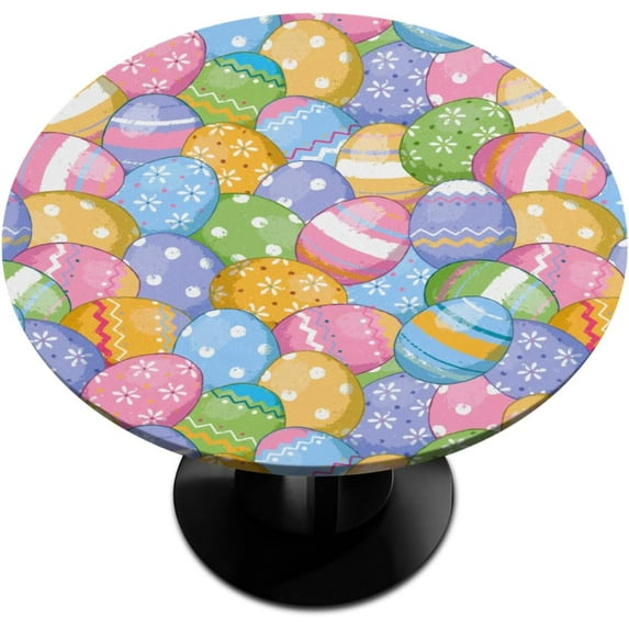 Easter Eggs Round Fitted Tablecloth, Easter Decorate Elastic Edge Table Cover Wipeable Table Cloth Waterproof Circle Cover for Indoor Outdoor Kitchen Patio Picnic Camping, 40-44inch