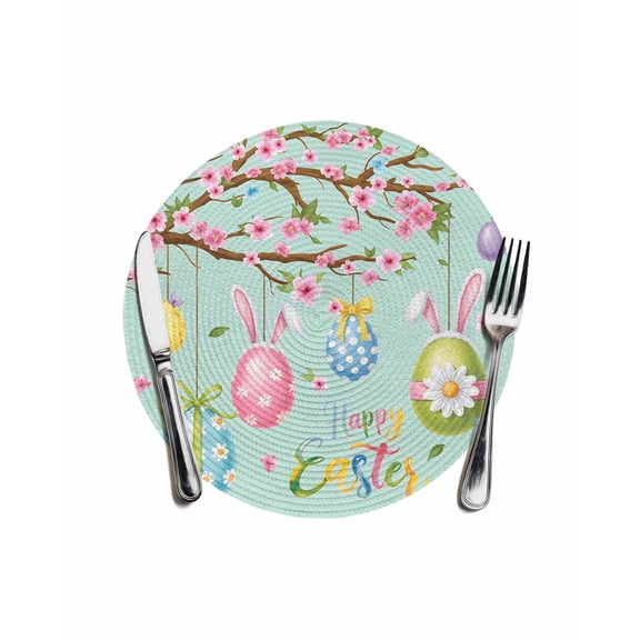Easter Eggs Round Placemats for Dinning Tables,Heat-proof Braided Table Mats 13 Inch,Spring Watercolor Bunny Flower Green Washable Place Mat for Kitchen Restaurant Party Decor Supplies Table Setting
