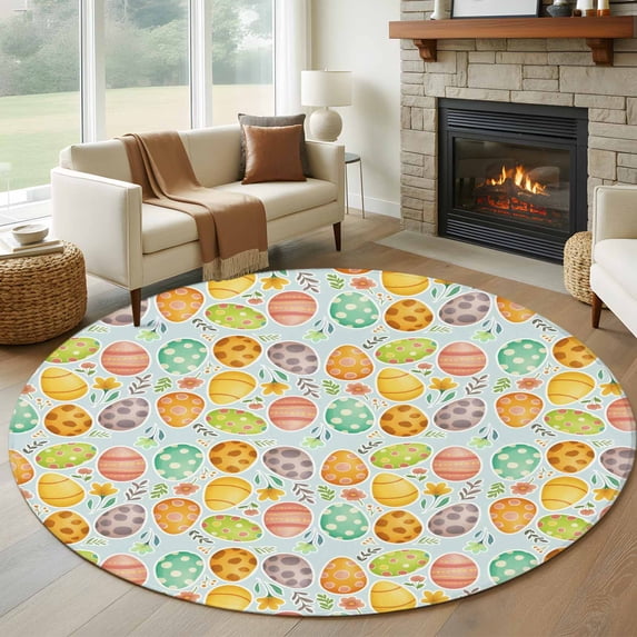 Easter Eggs Round Rug 8ft Washable Circle Rugs Non Slip Colorful Eggs Spring Flowers Leaves Farmhouse Blue Large Area Rug Indoor Floor Carpet for Bedroom Kitchen Living Room Home Office Dining Room