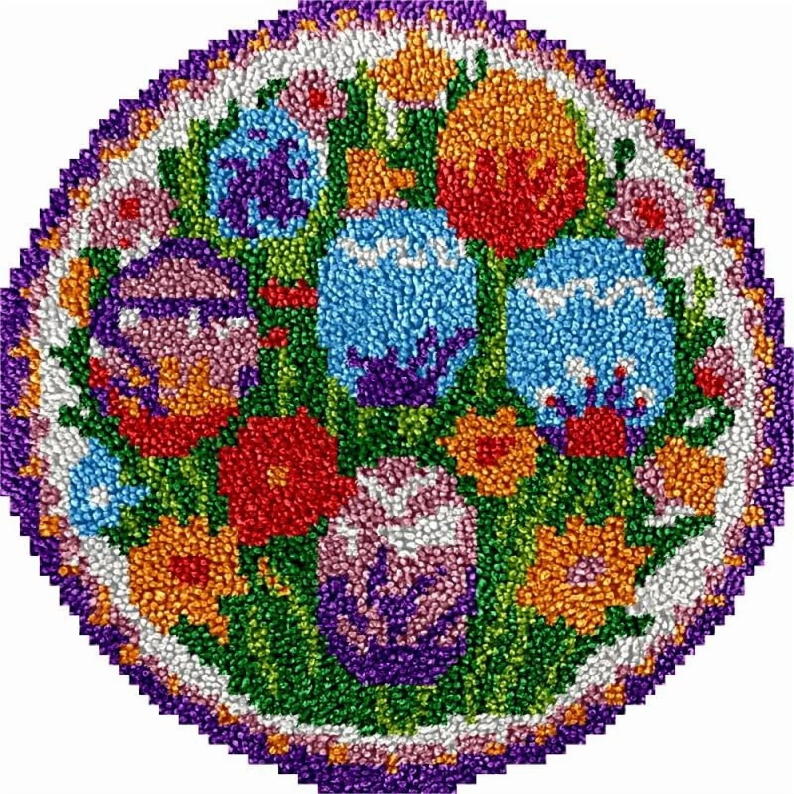 Easter Eggs Round Shape Latch Hook Rug Kits Set for Starter Crochet Hook Cushion Mat Sofa Seat Cushion Crocheting Kits with Preprinted Canvas Crochet Yarn Kits 50X50cm (ui77)