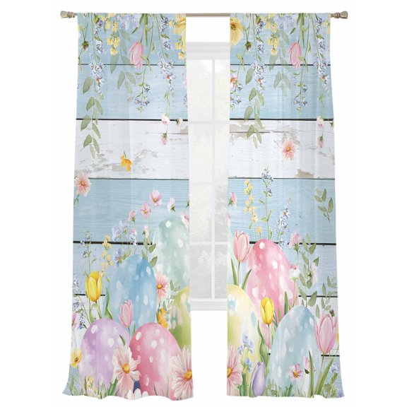 Easter Eggs Sheer Curtains 2 Panels Set Spring Colorful Eggs Floral Leaf Blue Wood Grain Sheer Window Curtains Light Filtering Rod Pocket Voile Drapes for Bedroom Living Room 52"X108"