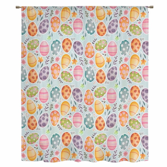 Easter Eggs Sheer Curtains 45 Inches Long, Colorful Eggs Spring Flowers Leaves Rustic Blue Light Filering Curtains, Breathable Simi Curtain Privacy Drapes for Kitchen Bathroom Small Window Treatment