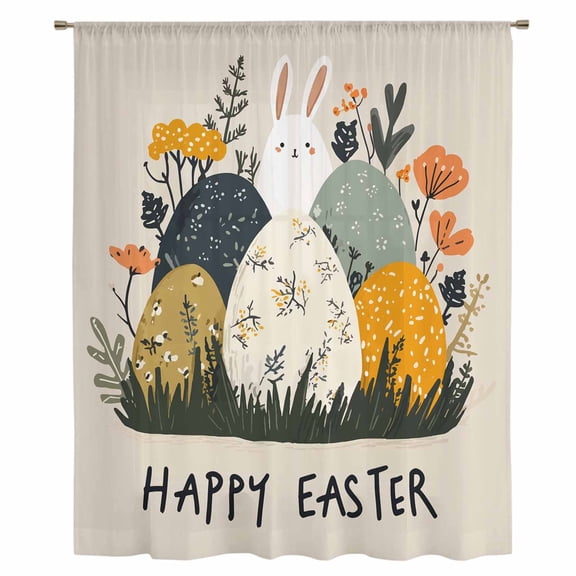 Easter Eggs Sheer Curtains 45 Inches Long, Rabbit Spring Botanical Wildflowers Bunny Beige Light Filering Curtains, Breathable Simi Curtain Privacy Drapes for Kitchen Bathroom Small Window Treatment