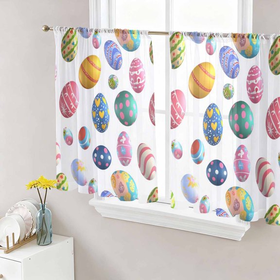 Easter Eggs Sheer Curtains 54 Inch Length 2 Panels Set, Colorful Egg Love Heart Polka Dots Voile Window Treatment Rod Pocket Short Kitchen Curtains Drapes for Bedroom 52"x54"x2