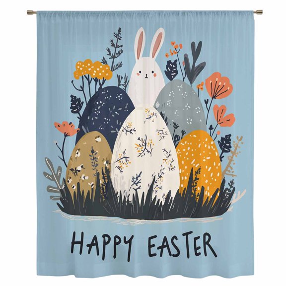 Easter Eggs Sheer Curtains 54 Inches Long, Rabbit Spring Botanical Wildflowers Bunny Blue Light Filering Curtains, Breathable Simi Curtain Privacy Drapes for Kitchen Bathroom Small Window Treatment