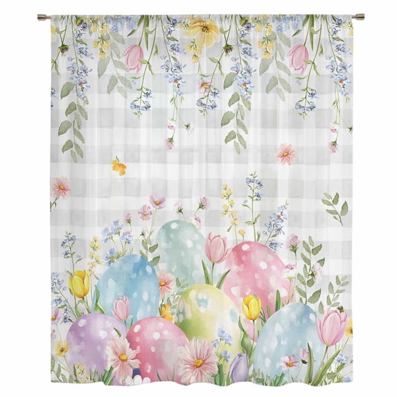 Easter Eggs Sheer Curtains 54 Inches Long, Spring Daisy Eucalyptus Leaves Gray Plaid Light Filering Curtains, Breathable Simi Curtain Privacy Drapes for Kitchen Bathroom Small Window Treatment